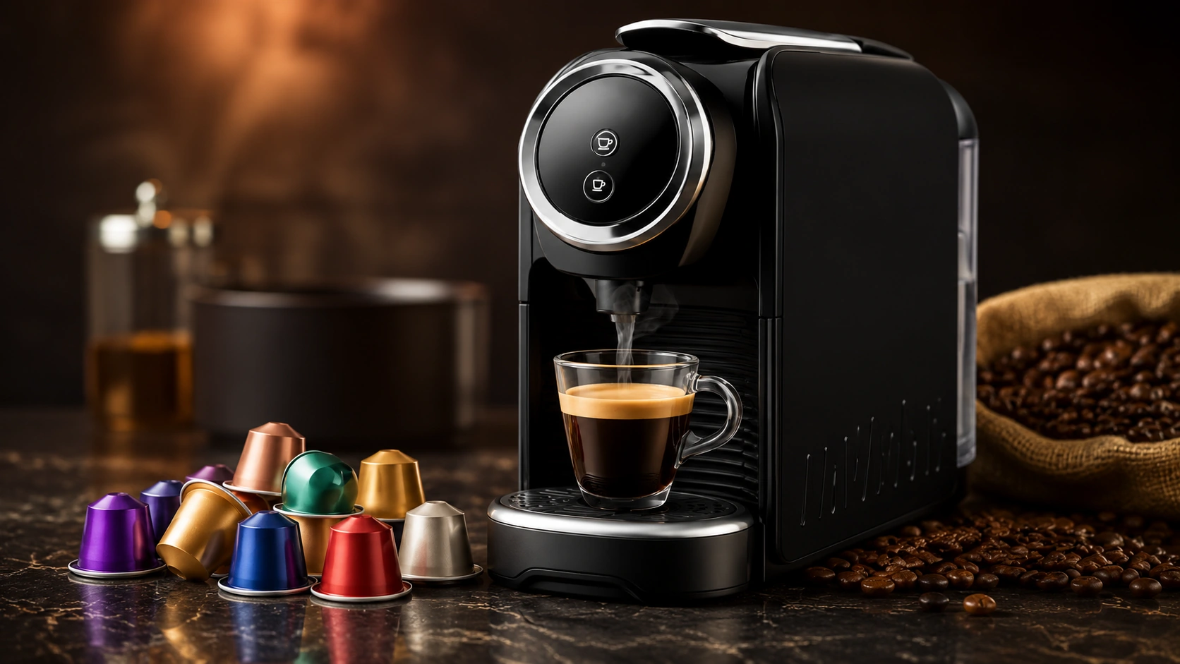 Máquina de café compacta, cápsulas y granos de café
