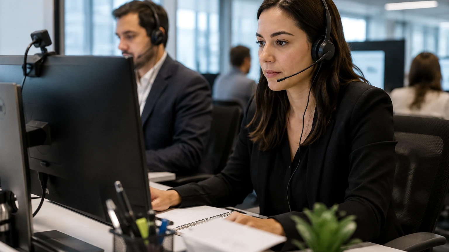 Puesto profesional de contact center con auriculares y computadora