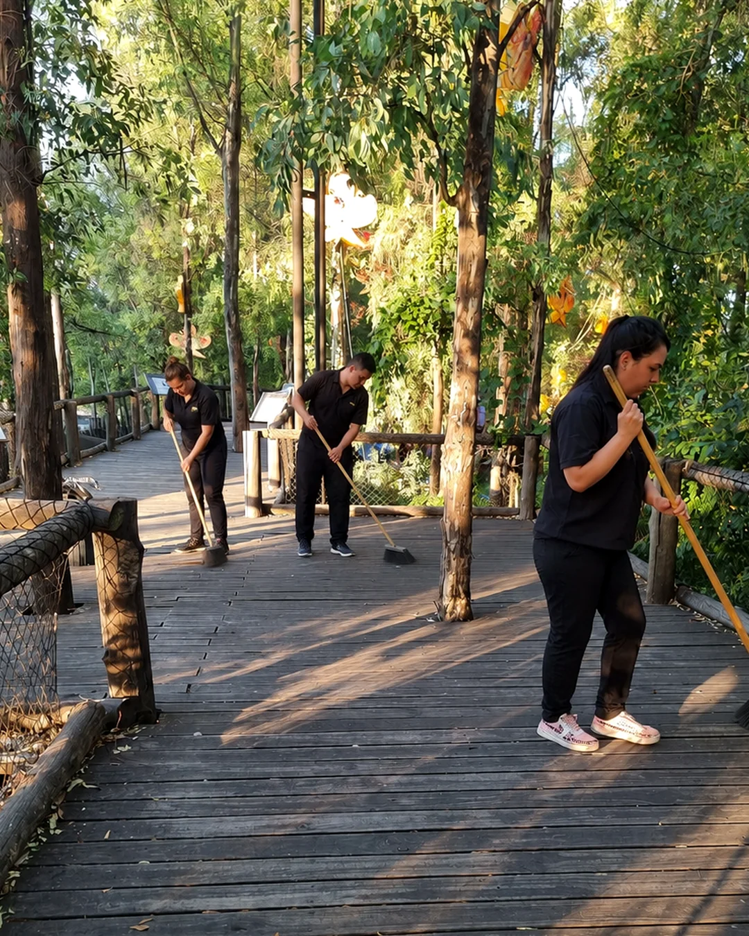 Equipo de MN Servicios barriendo una pasarela de madera en un espacio al aire libre