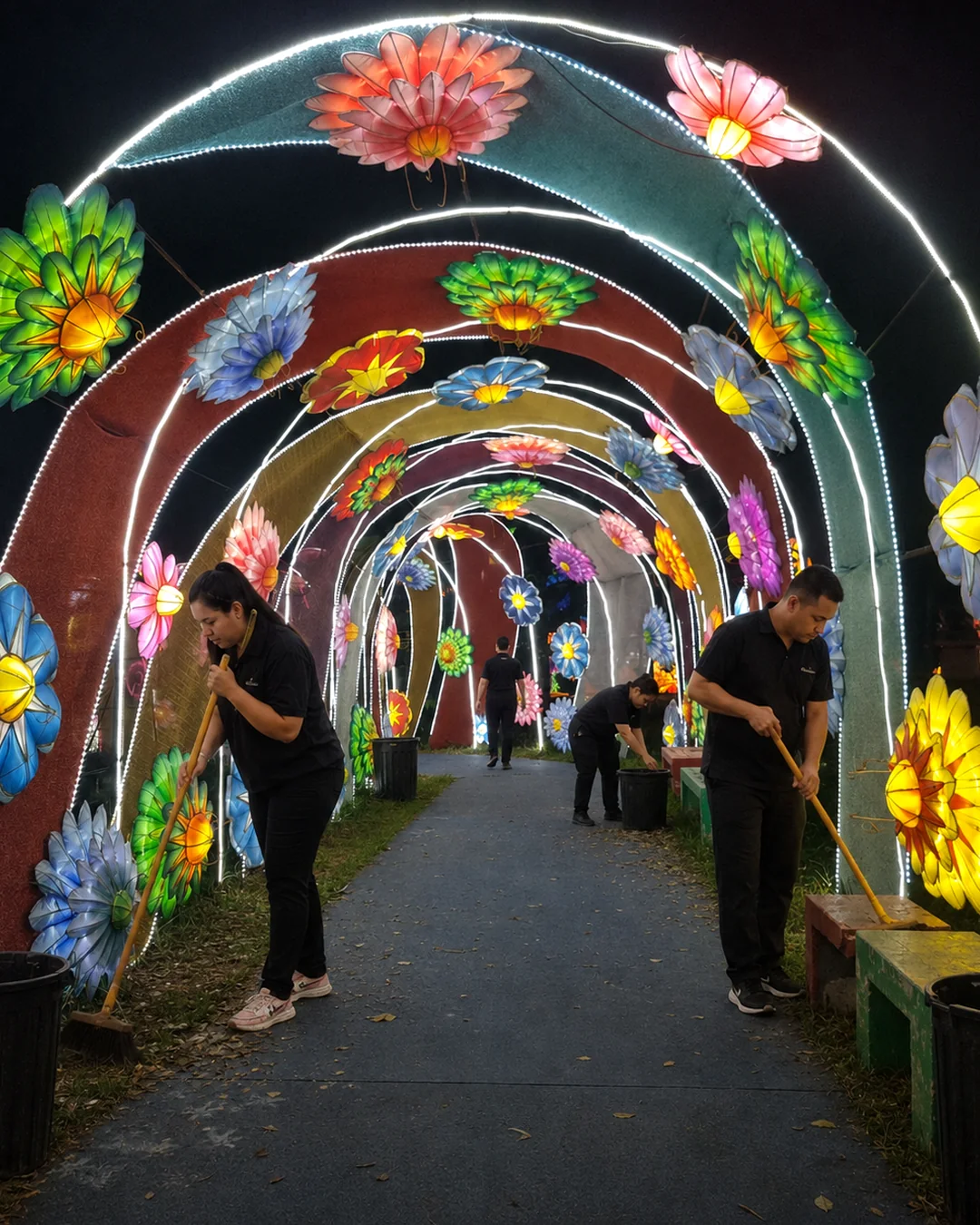 Equipo de MN Servicios limpiando un recorrido iluminado durante un evento nocturno